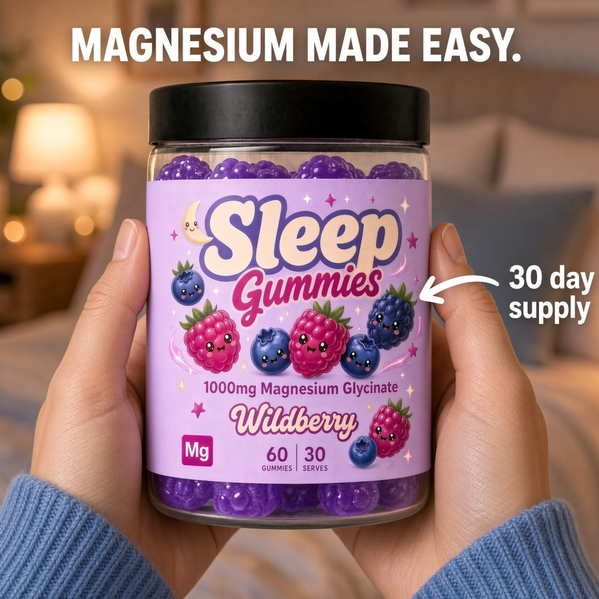 Sleep Gummies – 1000mg Magnesium Glycinate, Wildberry, 60 Gummies (30 Serves)