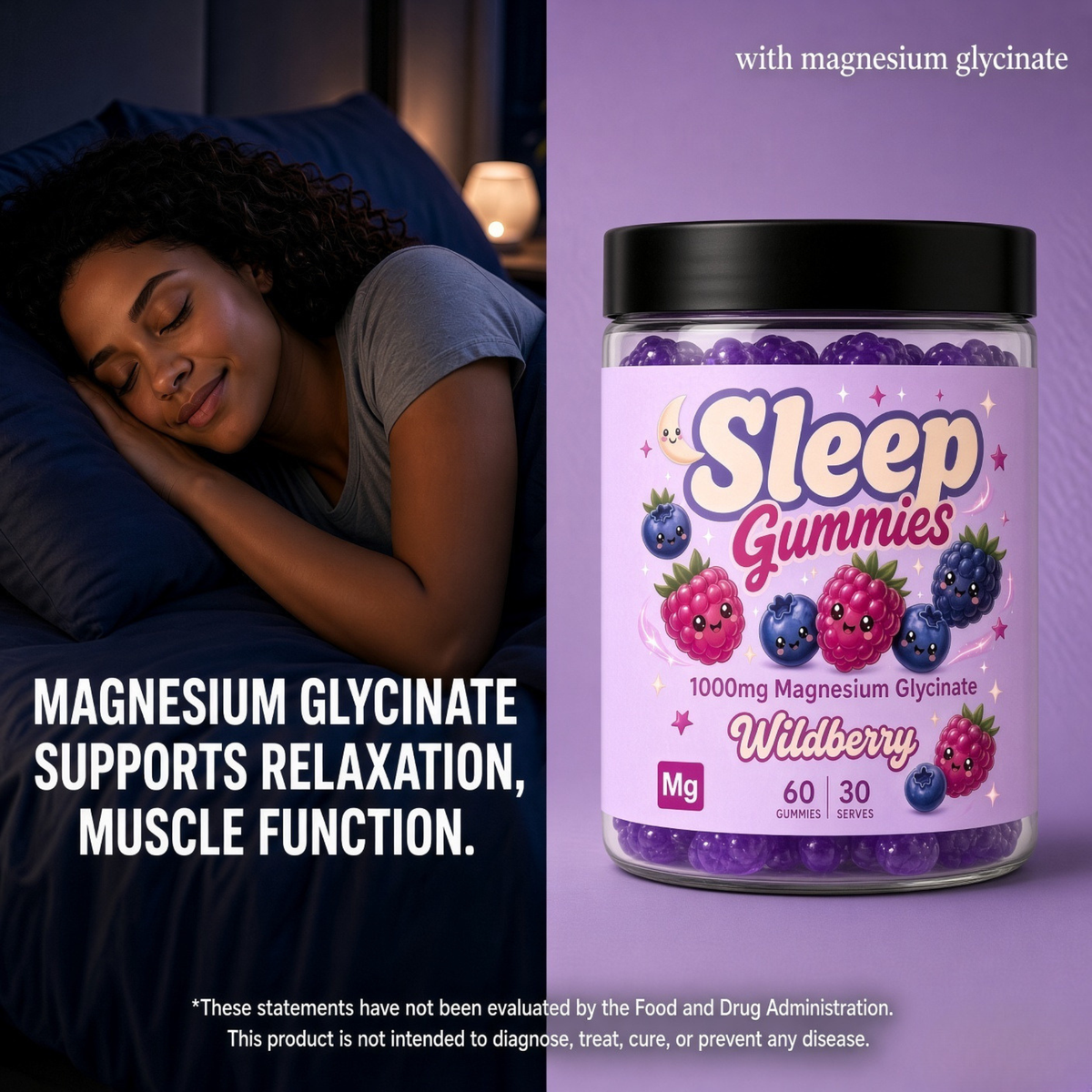 Sleep Gummies – 1000mg Magnesium Glycinate, Wildberry, 60 Gummies (30 Serves)